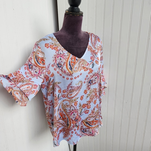 Zac & Rachel Light Blue Red Paisley Top  V-Neck Tunic Blouse Satin Bell Flare M - Picture 5 of 11